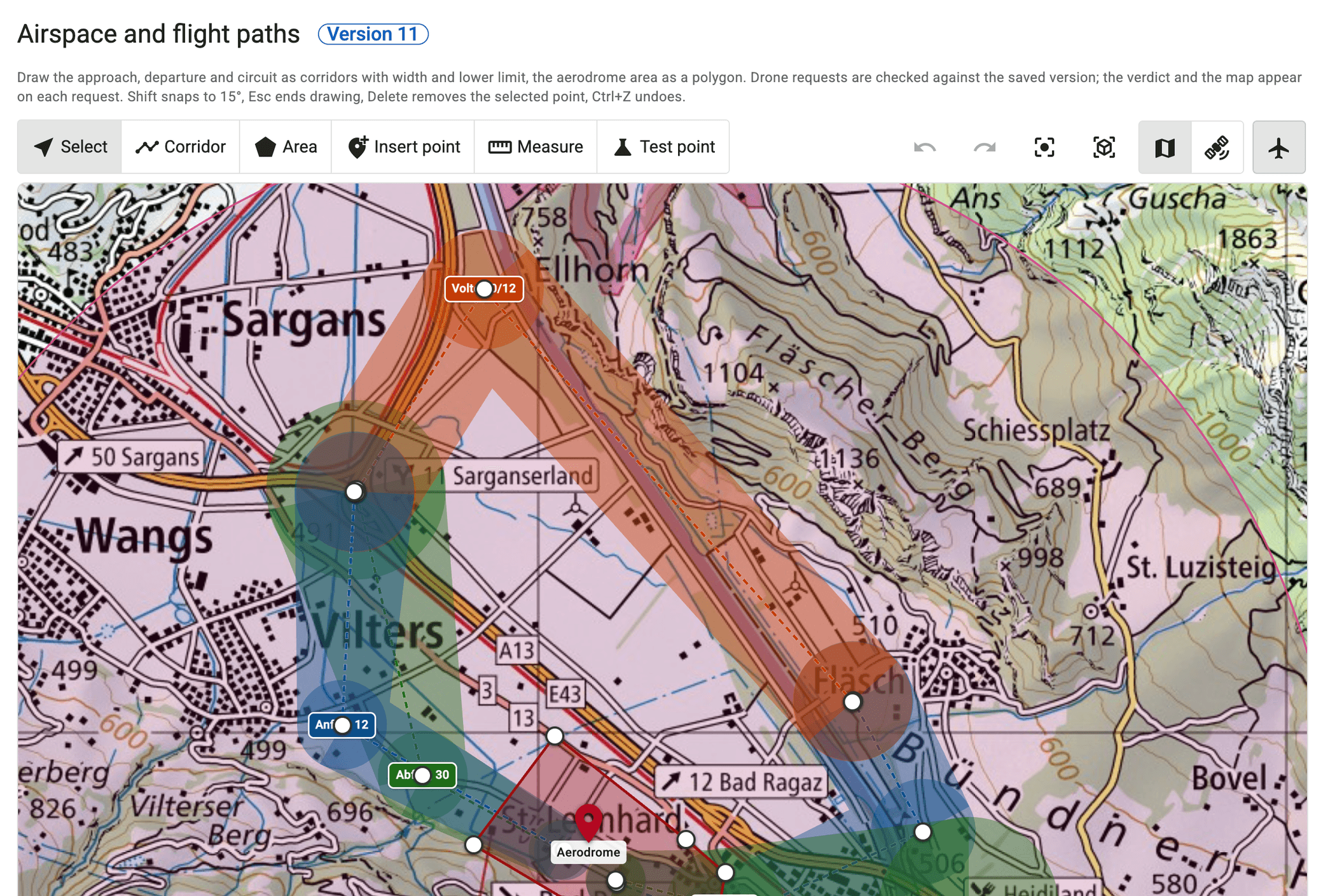 Airspace editor with corridors for approach, departure and circuit on the national map