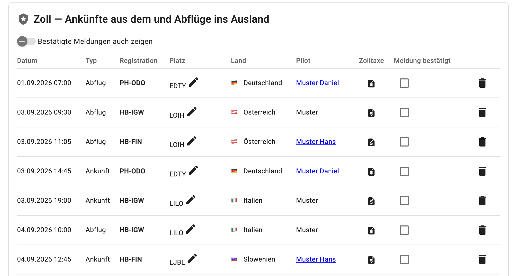Zollliste mit Ankünften aus dem und Abflügen ins Ausland, Pilot und Zolltaxe
