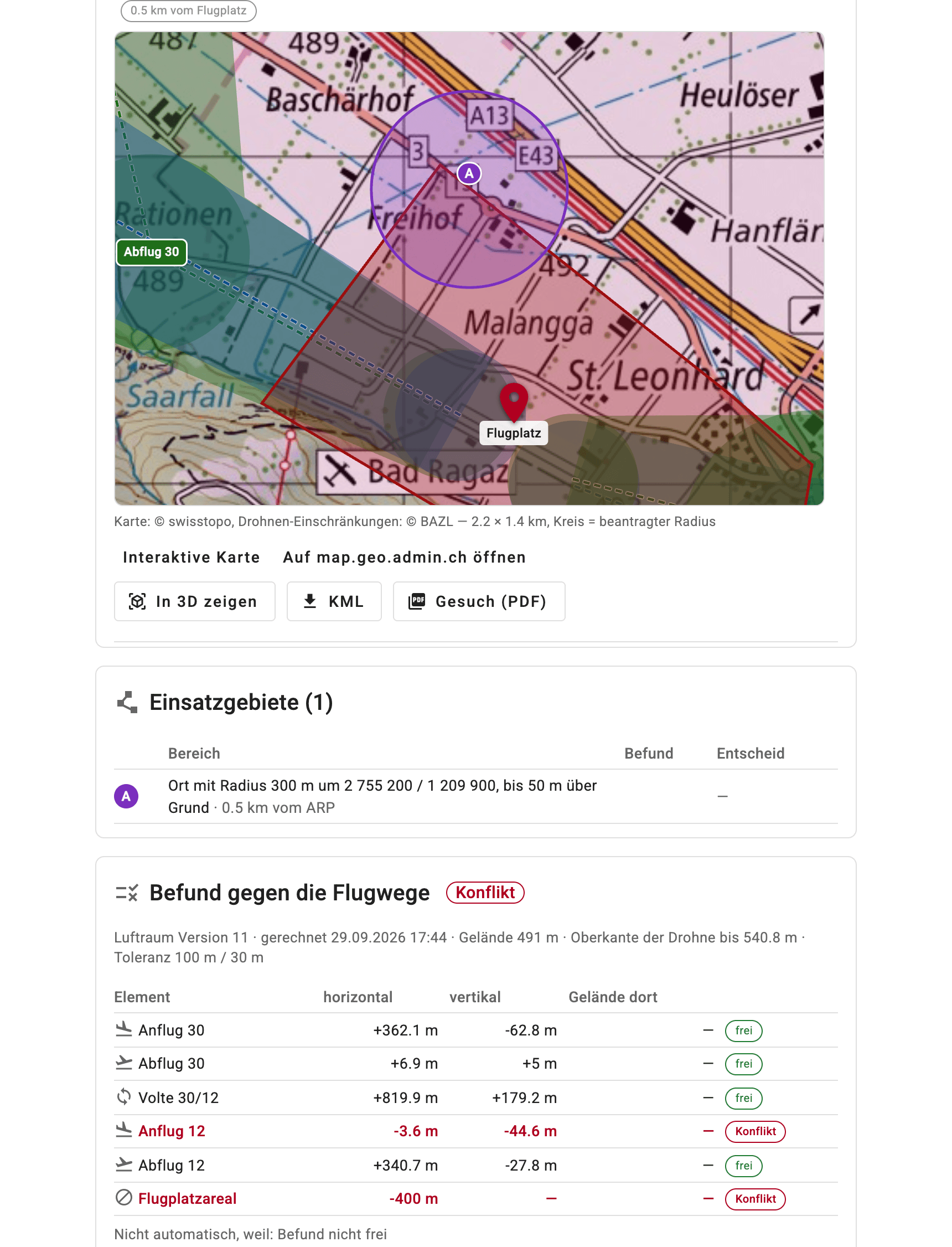 Drohnengesuch mit Karte des Einsatzorts und Befund gegen die Flugwege