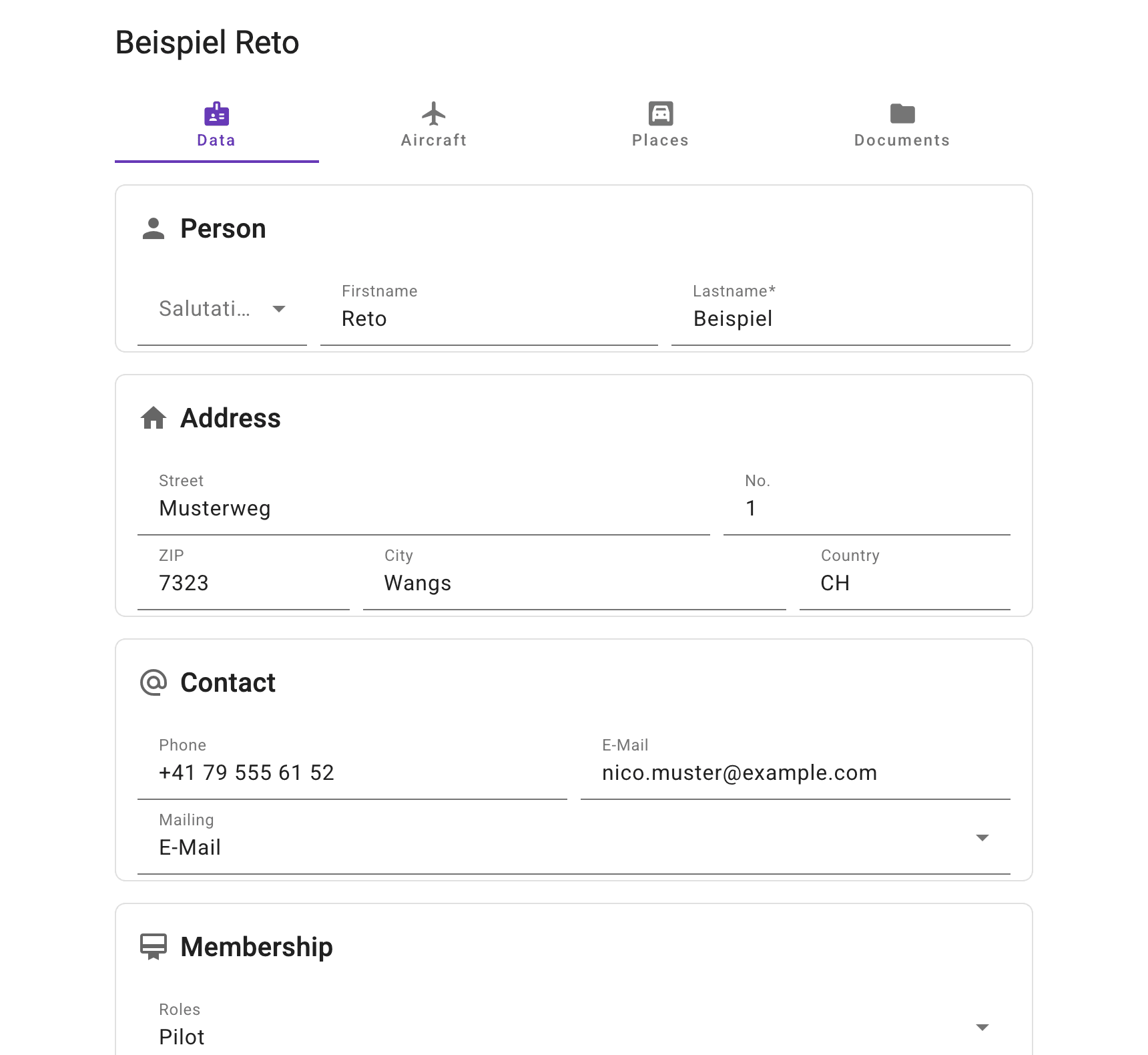 An address in detail with the tabs aircraft, spaces and documents