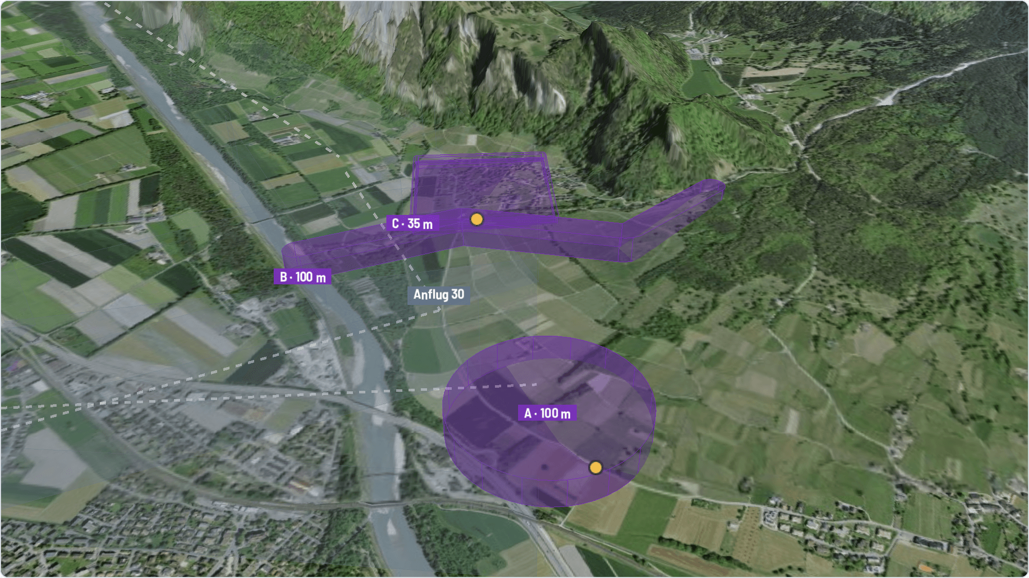 Three-dimensional view of the approved drone areas above the terrain with the aerodrome's flight paths