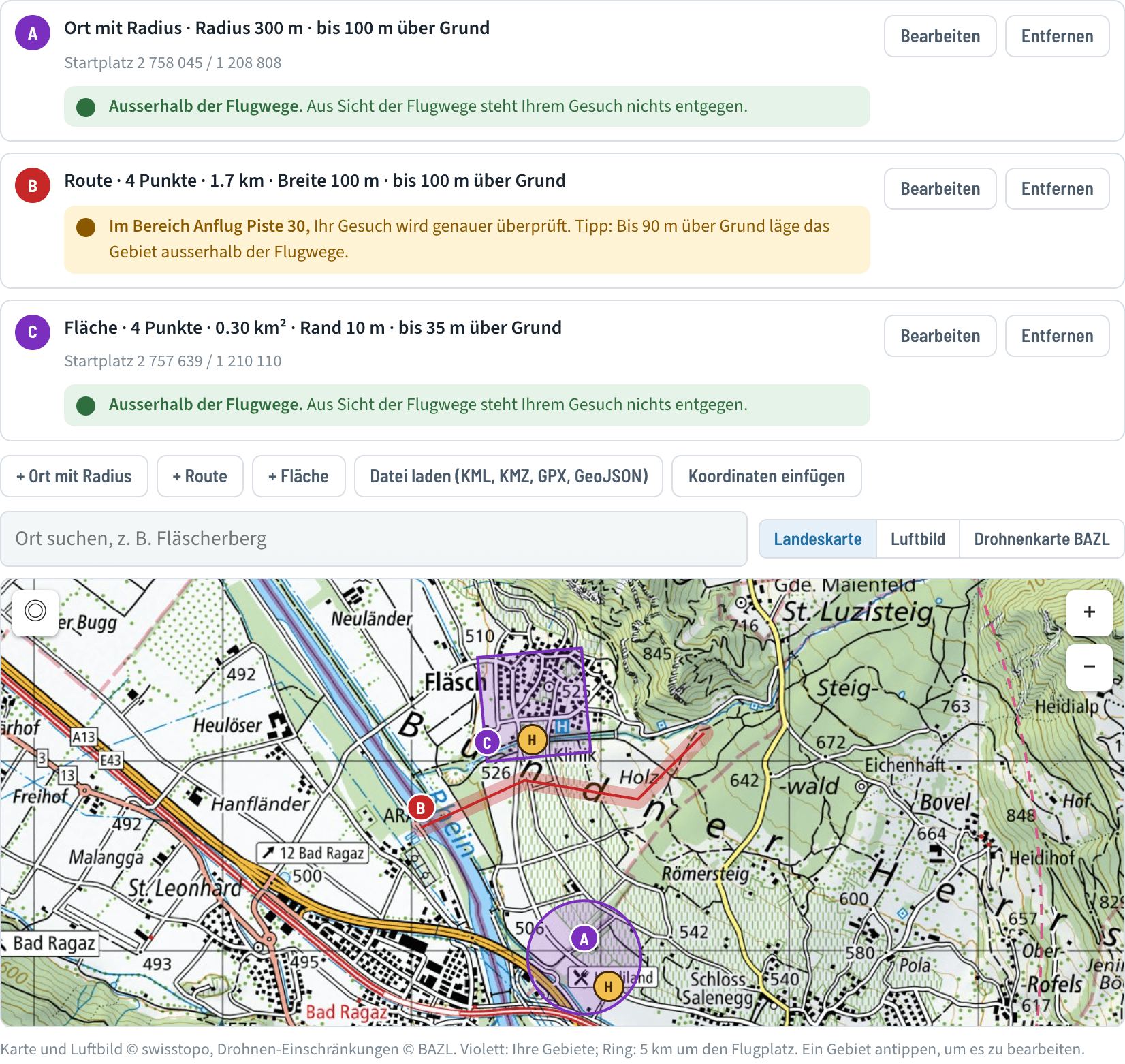 Drei Gebiete eines Drohnengesuchs mit Ampel je Gebiet und Karte