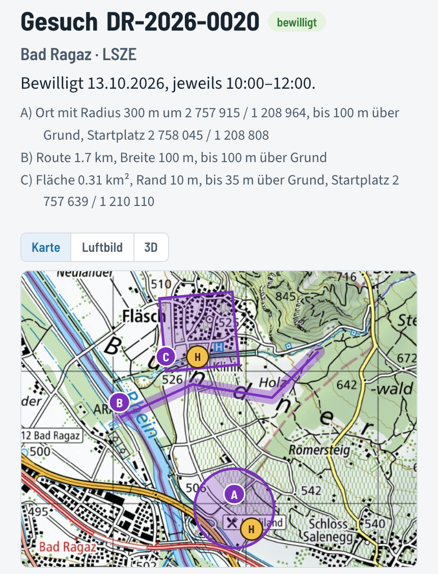 Bewilligtes Drohnengesuch mit den Gebieten auf der Landeskarte, auf dem Handy
