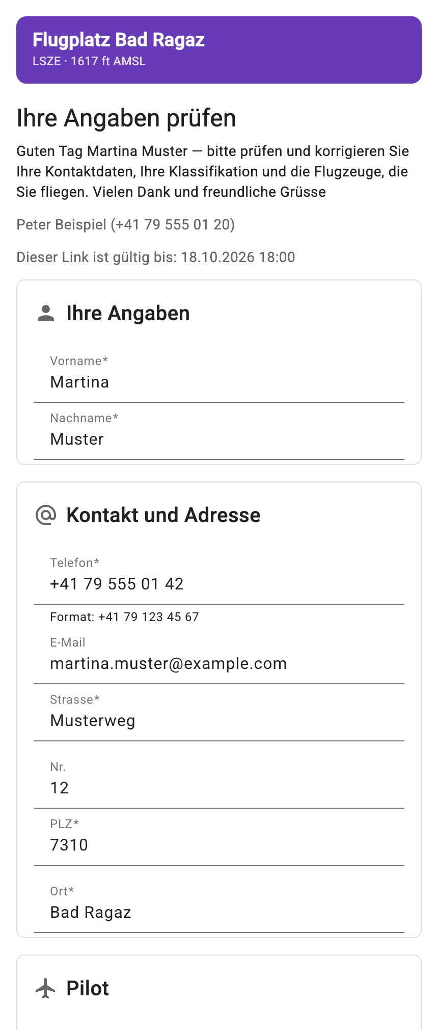 Seite der Selbstauskunft auf dem Handy mit den eigenen Angaben