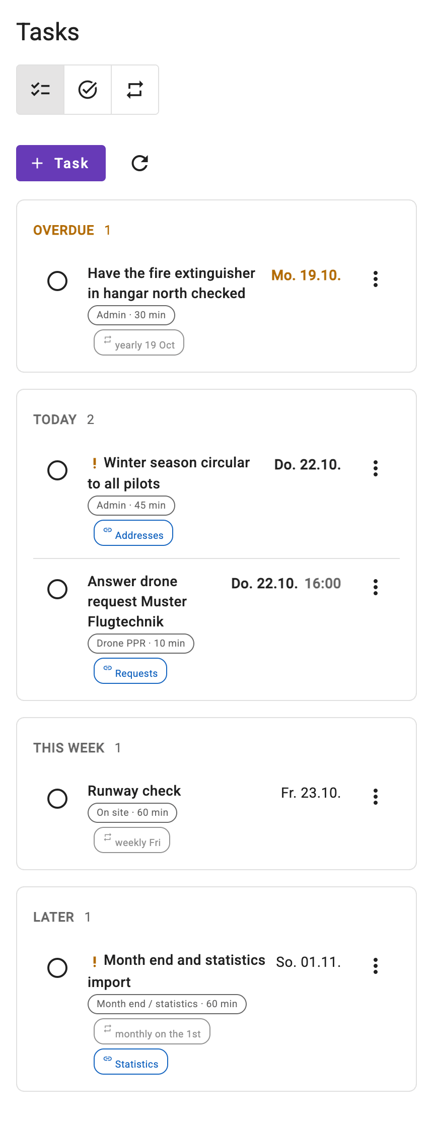 Task list on the phone, grouped into overdue, today, this week and later