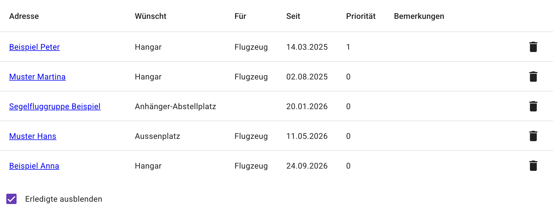 Warteliste für Hangarplätze mit Datum und Priorität