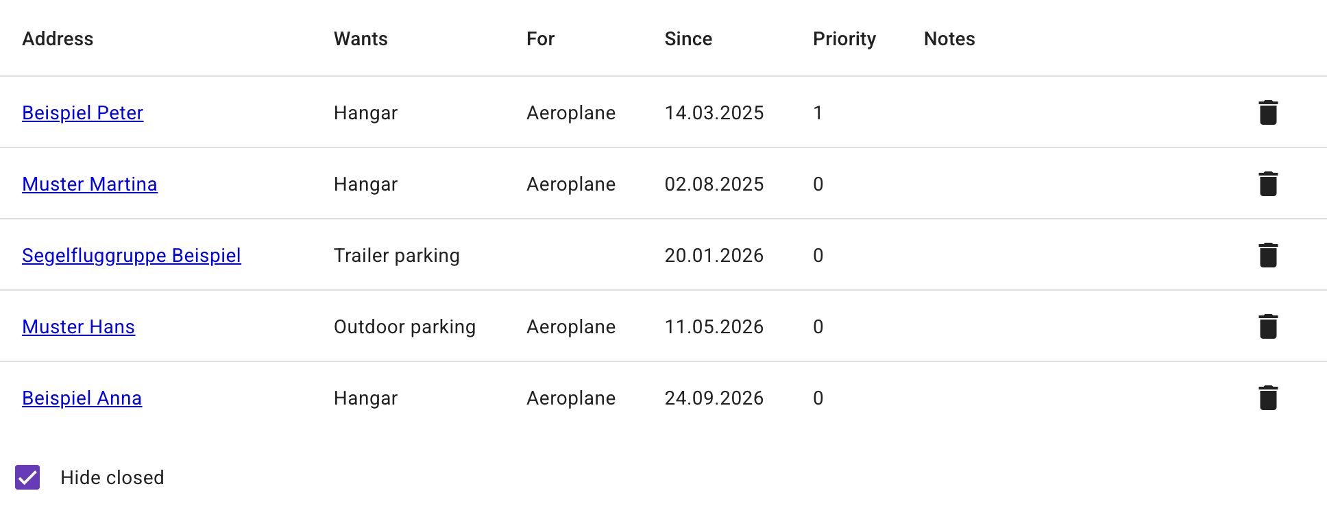 Waiting list for hangar spaces with date and priority